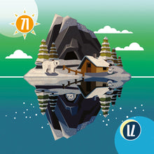 Load image into Gallery viewer, Snowy mountain Island reflected in surrounding sea with a polar bear and cabin