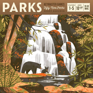 PARKS game from Keymaster Games. Two bears in front of  a waterfall.