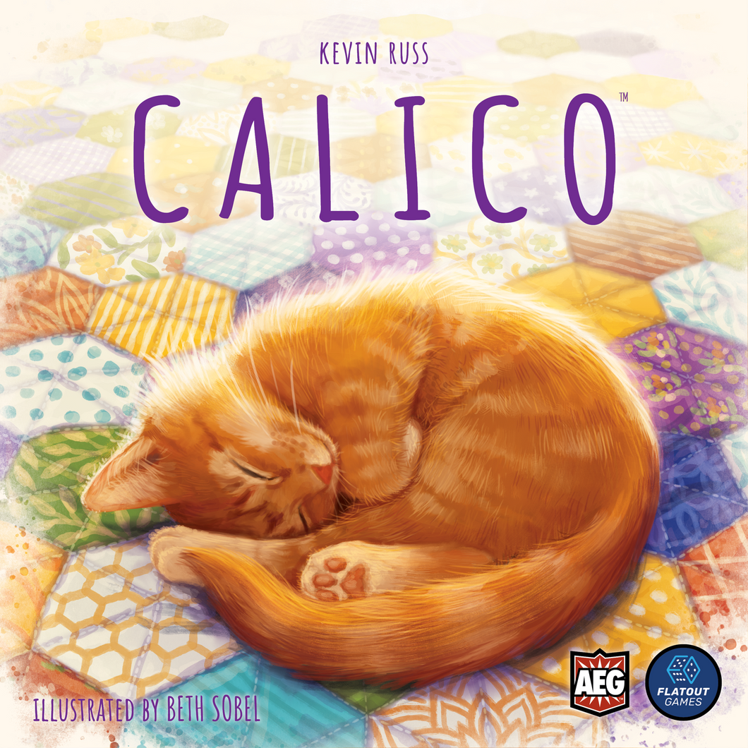 Calico board game cover art: cat laying on a quilt