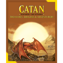 Load image into Gallery viewer, Catan: Seafarers+ C&amp;K Scenario - Treasures, Dragons &amp; Adventures cover with a Dragon sitting on a hoard of treasure
