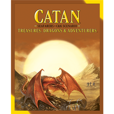 Catan: Seafarers+ C&K Scenario - Treasures, Dragons & Adventures cover with a Dragon sitting on a hoard of treasure