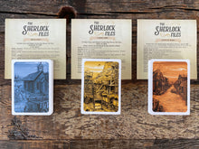 Load image into Gallery viewer, The Sherlock Files Fatal Frontiers card backs and game components
